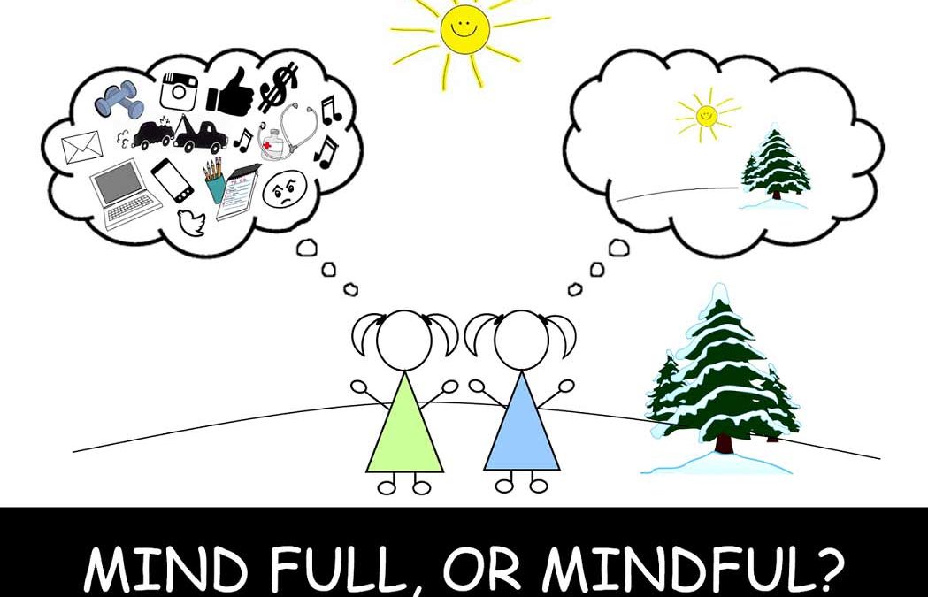 Mind full, or mindful? Two cartoon characters, one showing a thought bubble with many items, one showing a calm forest scene.