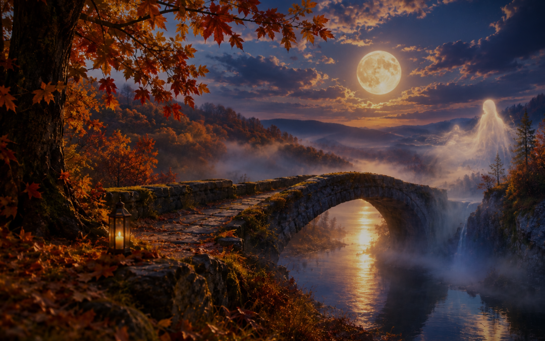 Moonlit autumn landscape with a mossy stone arch bridge over a calm river, orange leaves, and a distant glowing ethereal figure in misty hills.